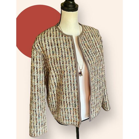 Lafayette 148 WOMENS Spring Tan Beige Coral Aqua Tweed Zip Blazer Jacket Size M - Picture 1 of 11
